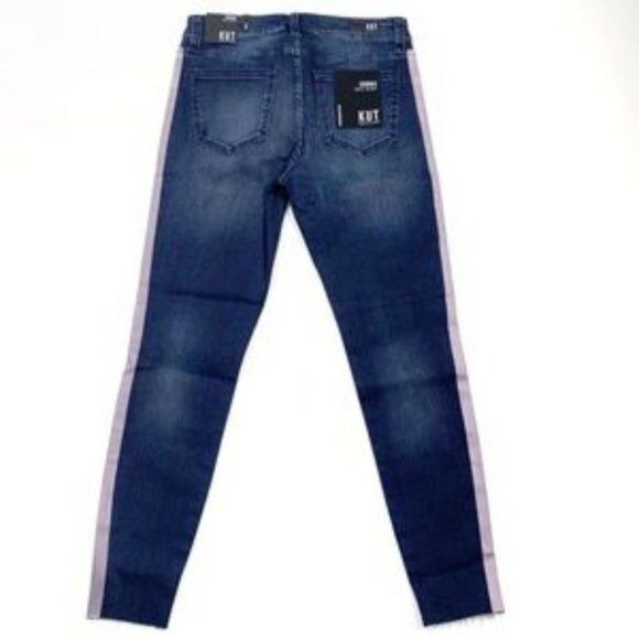 KUT from the Kloth Blue W/ Pink Stripe Raw Hem Ankle Skinny Jeans Size 6 - Picture 3 of 16